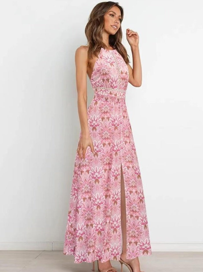 Robe longue à imprimé floral avec col licou et dos nageur 