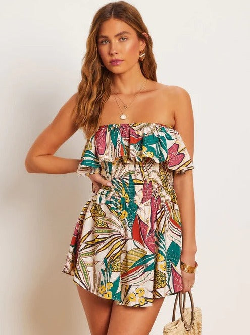 Robe bustier verte à imprimé tropical 