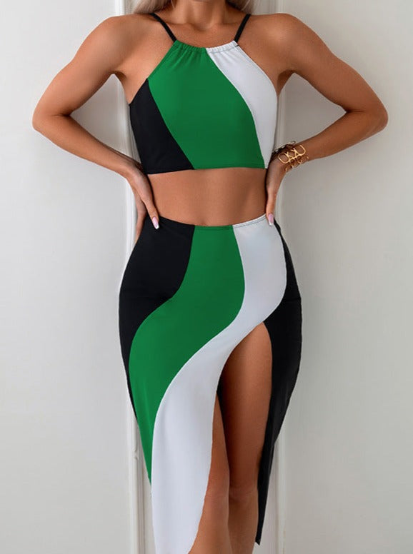 Ensemble de plage 3 pièces monokini rembourré tricolore avec jupe 