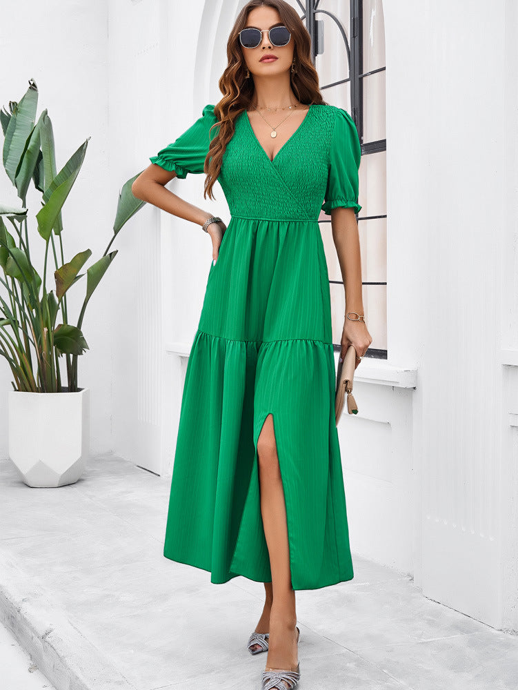 Elegant Midikleid Mit Schlitz Langarm V-Ausschnitt - Sommer Kleider Verschiedene Farben