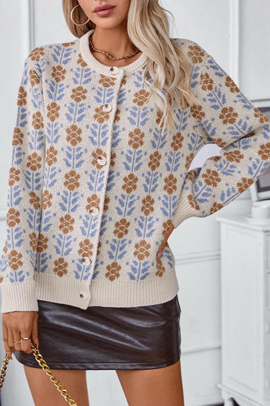 Pull tricoté boutonné à manches longues et motif floral 