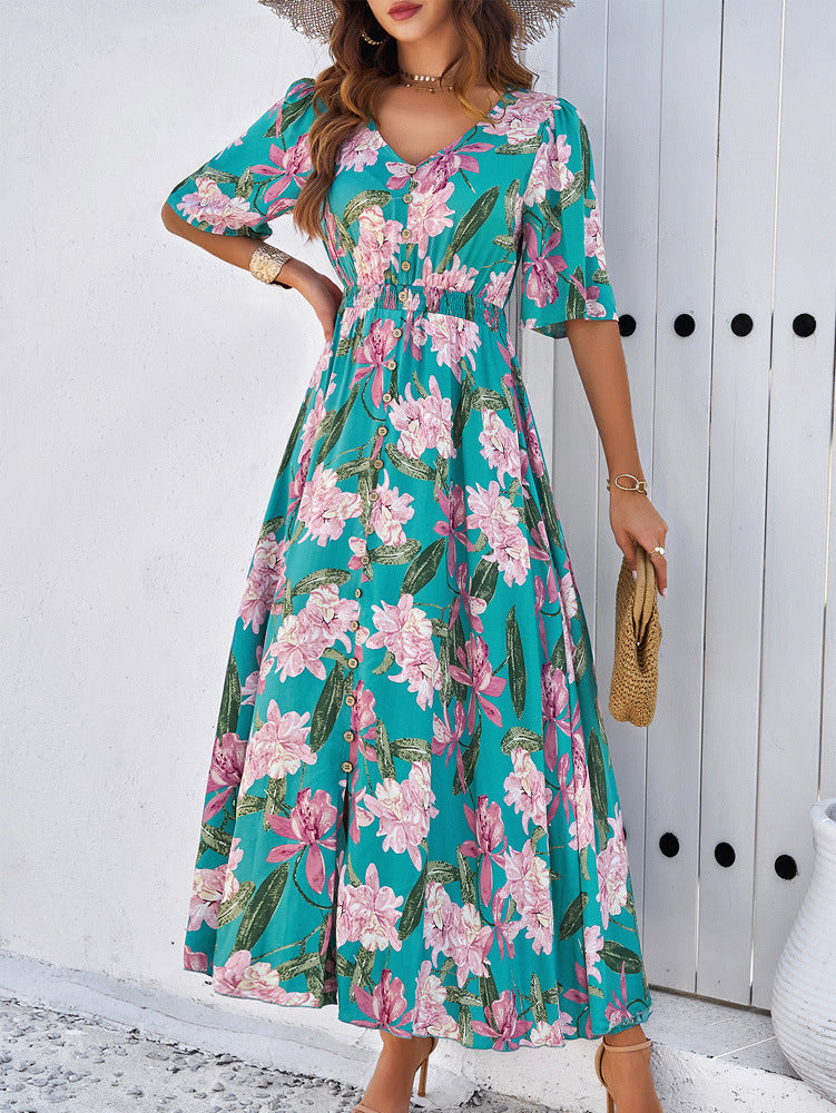 Robe trapèze ample à imprimé floral vert 