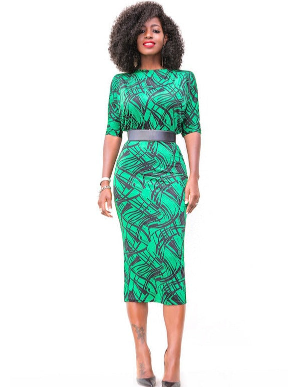 Robe crayon taille haute à manches mi-longues verte