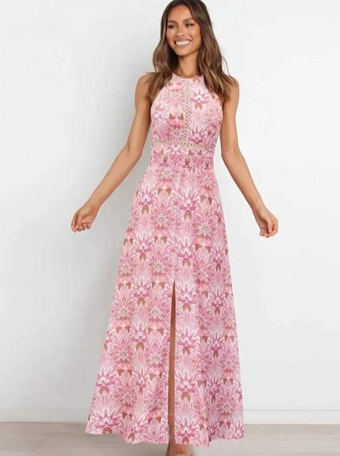 Robe longue à imprimé floral avec col licou et dos nageur 