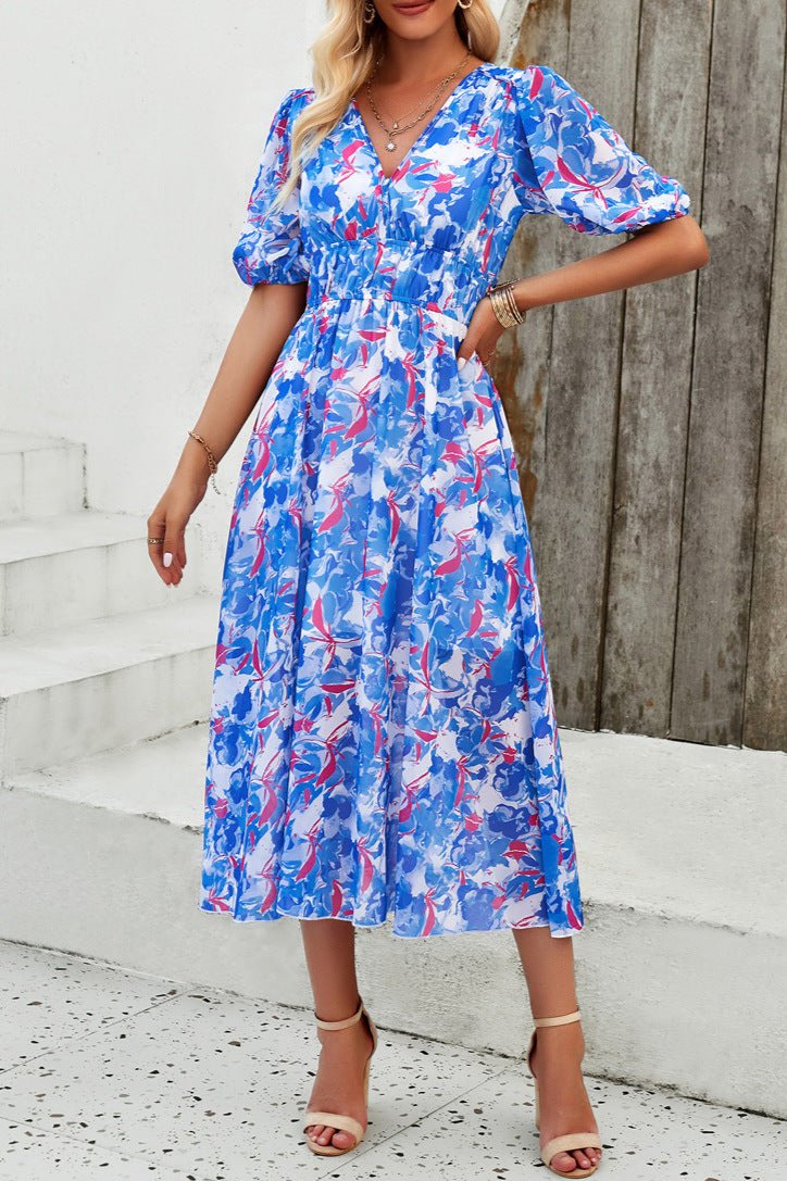 Robe mi-longue décontractée à fleurs et col en V à manches bouffantes