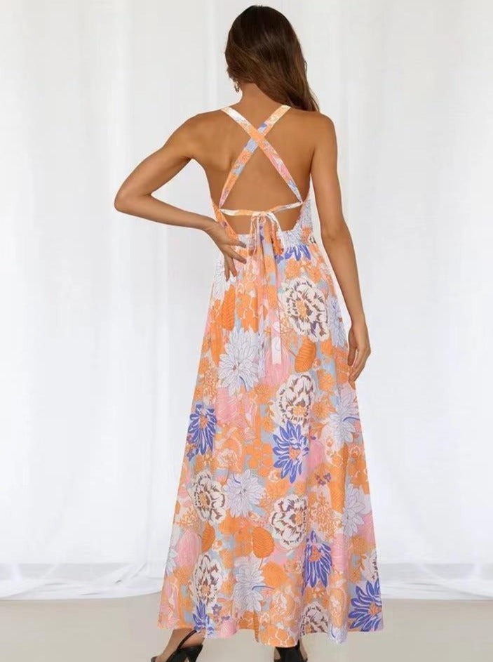 Robe longue à imprimé floral avec col licou et dos nageur 