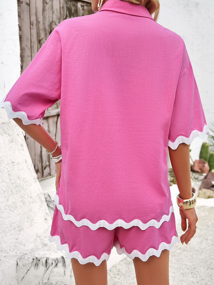 Ensemble chemise et short décontractés à lacets Rose 