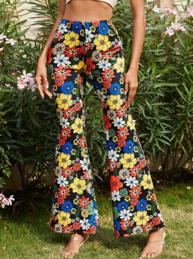 Pantalon évasé moulant à imprimé floral tendance 