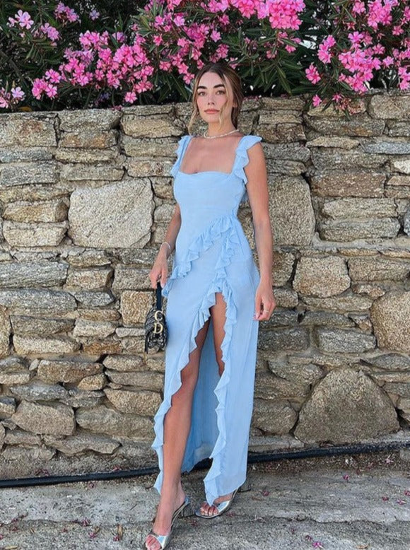 Robe sexy bleue fendue asymétrique 