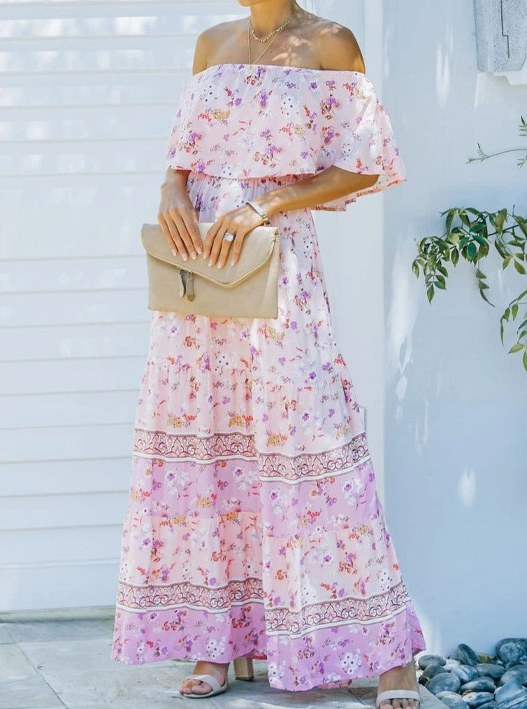 Robe longue à épaules dénudées à imprimé floral rétro rose