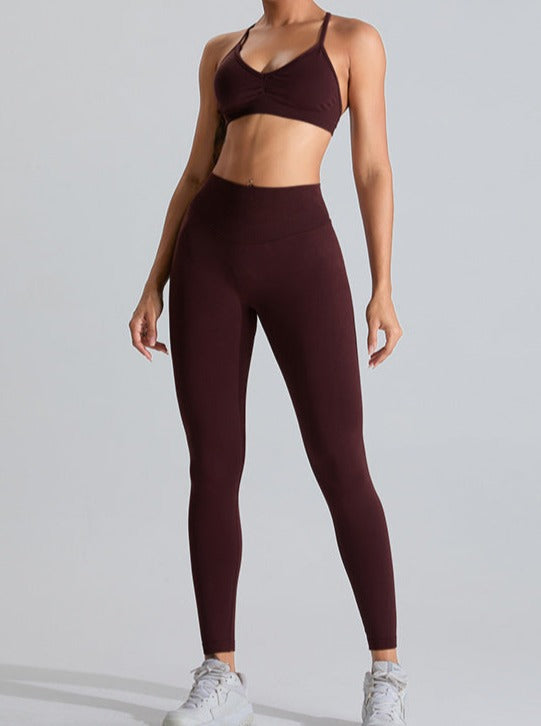 Pantalon de sport taille haute rouge foncé rehaussant le ventre 