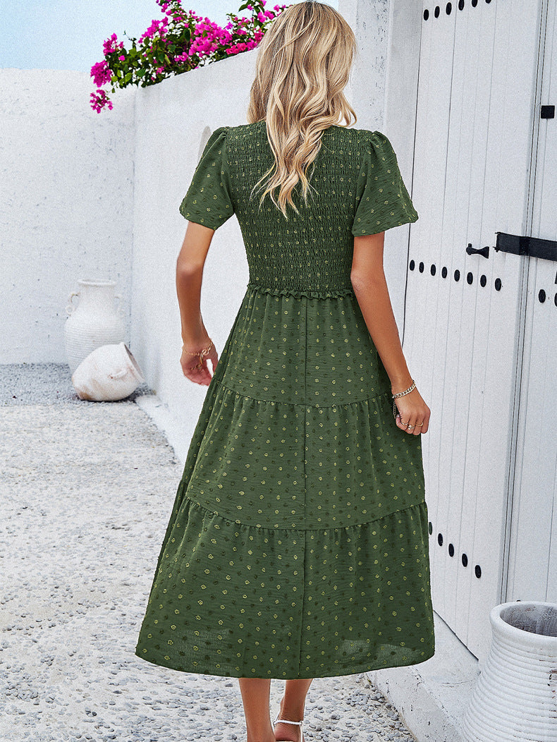 Robe à manches courtes et col en V de style tempérament vert 