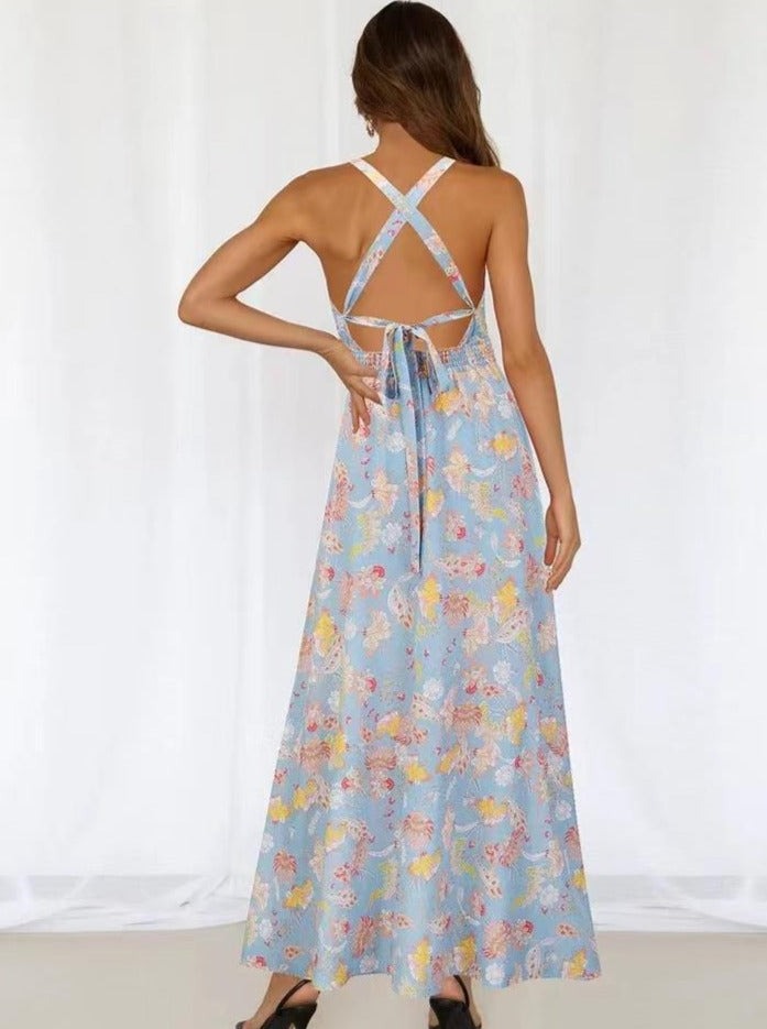 Robe longue à imprimé floral avec col licou et dos nageur 