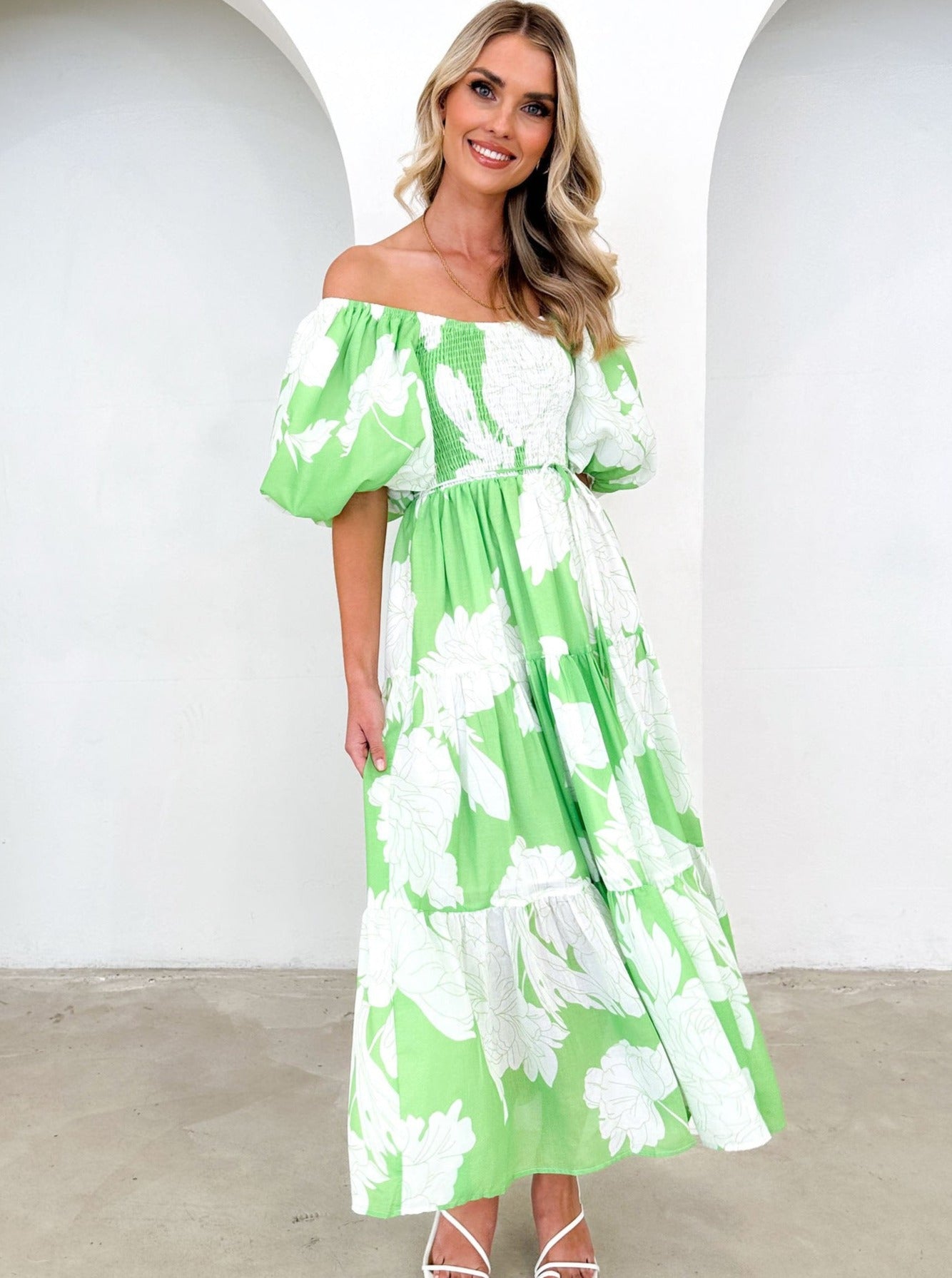 Floral Maxikleid Off-Shoulder Puffärmel Buntes Muster Sommer Chic