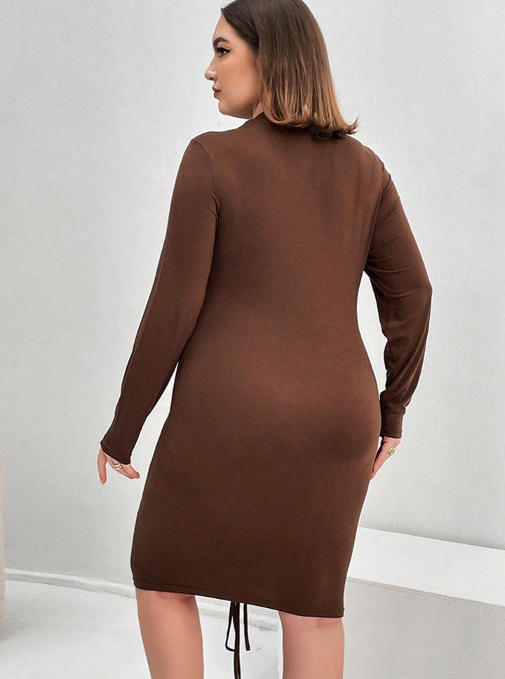 Robe sexy marron grande taille à manches longues et taille amincissante