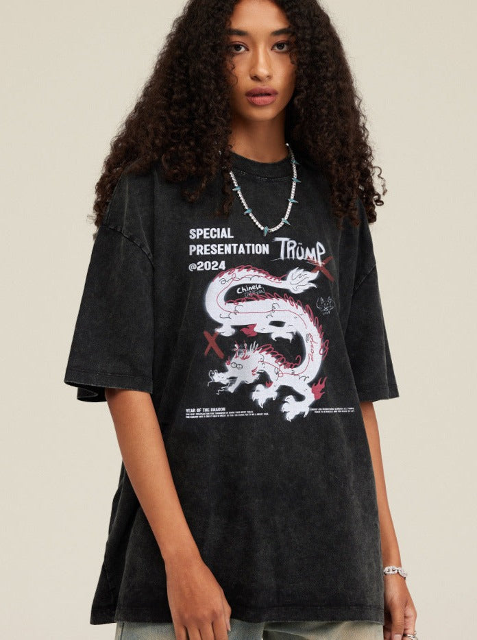 Chemise ample décontractée noire à imprimé dragon 