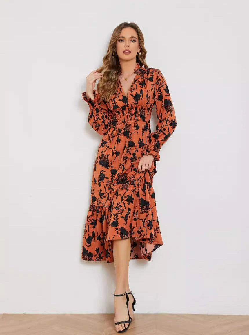 Robe mi-longue à imprimé floral, col en V, taille haute, manches longues 