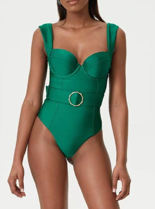 Maillot de bain bikini sexy vert à col en V et ceinture taille haute 