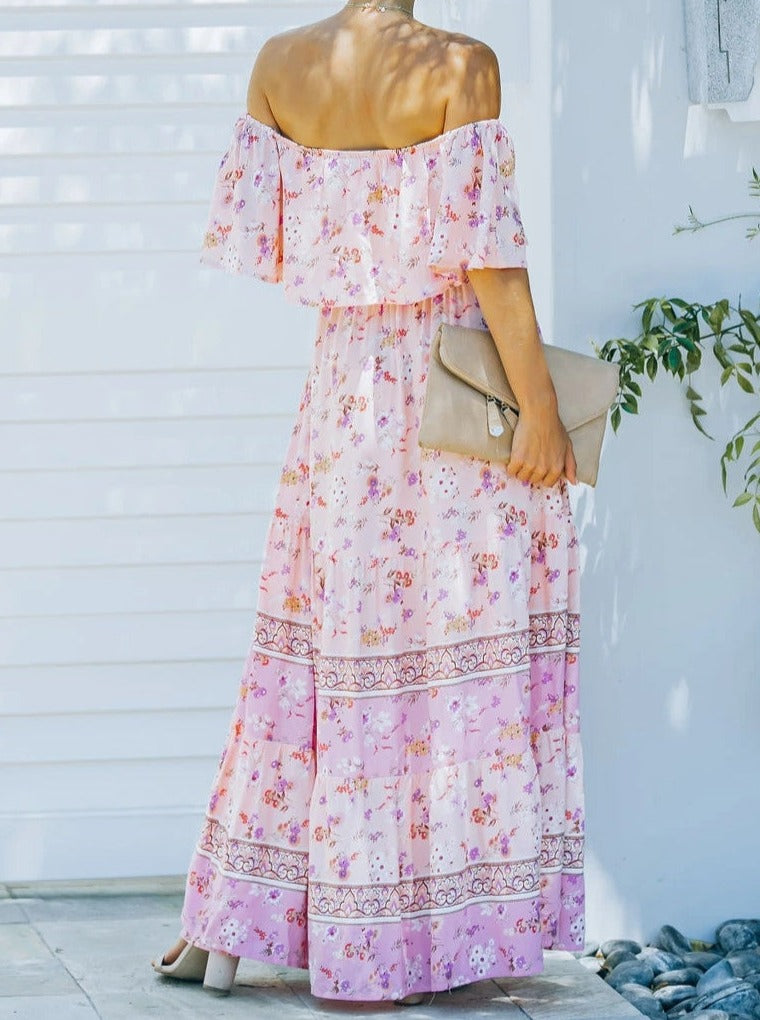 Robe longue à épaules dénudées à imprimé floral rétro rose