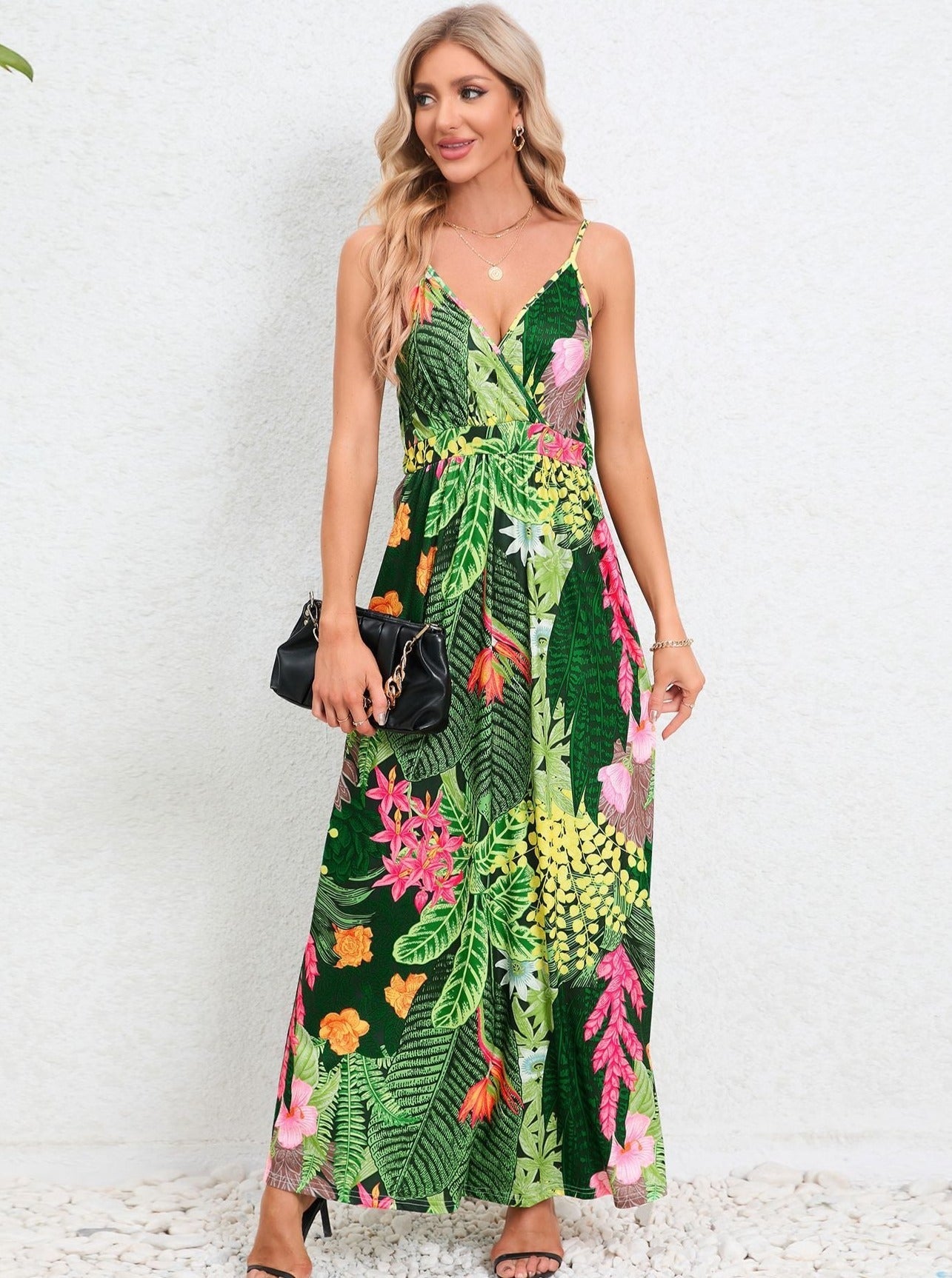 Robe longue à imprimé tropical vert foncé 