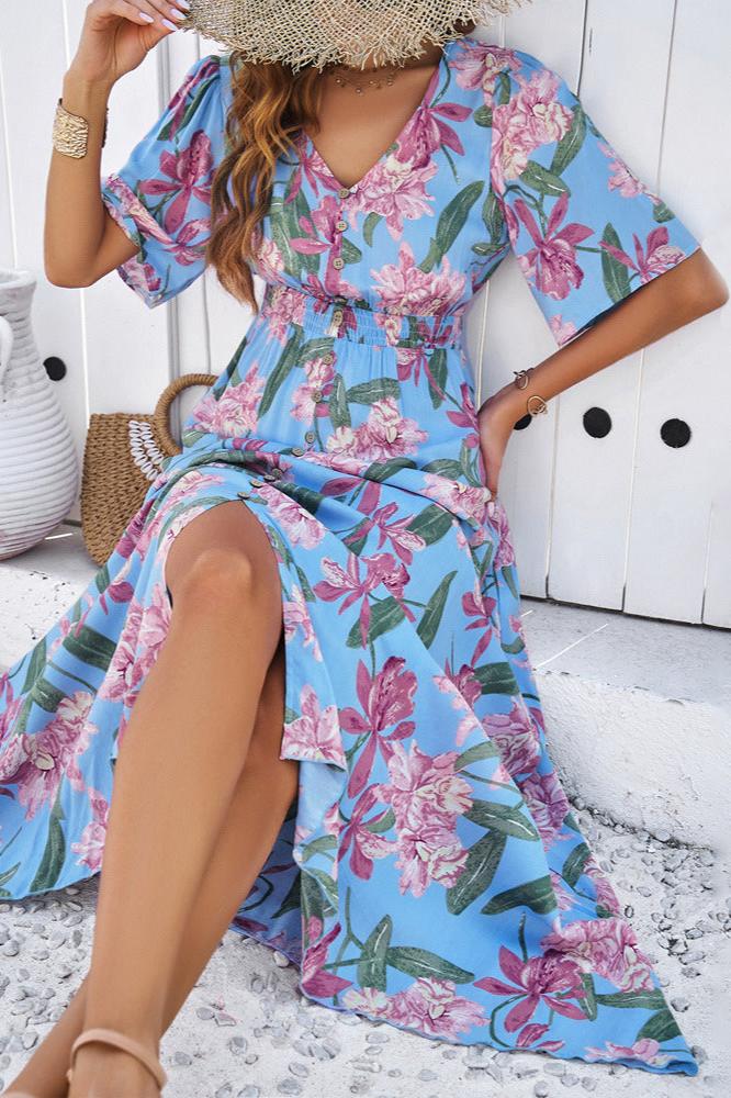 Robe mi-longue d'été chic à fleurs avec col en V et fente latérale