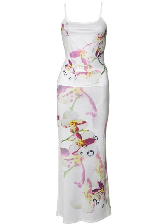 Robe longue sans manches à imprimé floral orchidée 