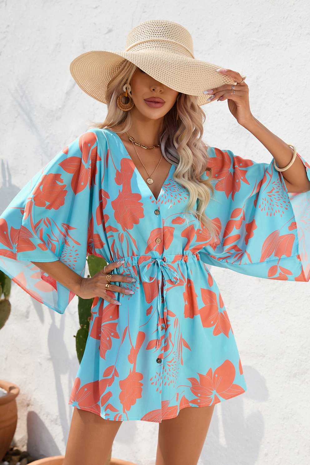 Mini-robe à manches courtes à imprimé tropical bleu 