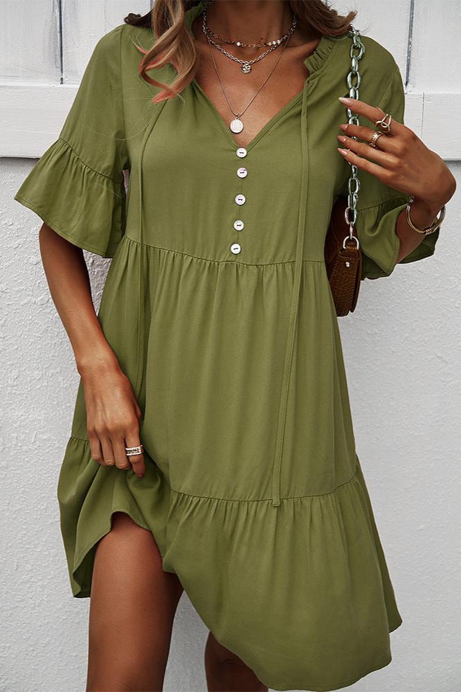 Robe chemise sexy verte à volants et col en V avec cordon de serrage 