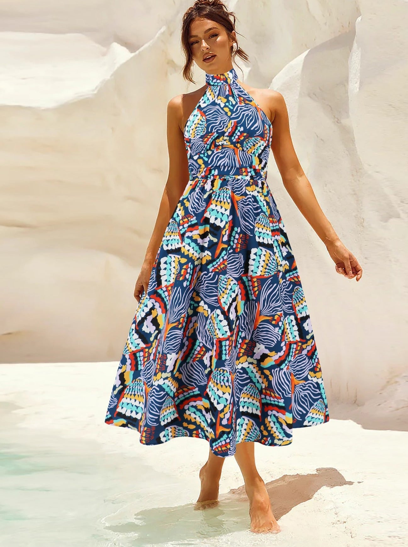 Robe d'été élégante sans manches à imprimé tropical 