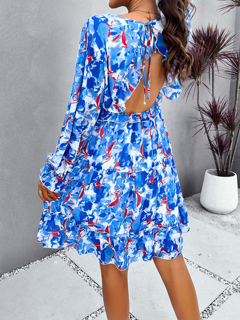 Robe à manches longues et col en V à imprimé floral bleu