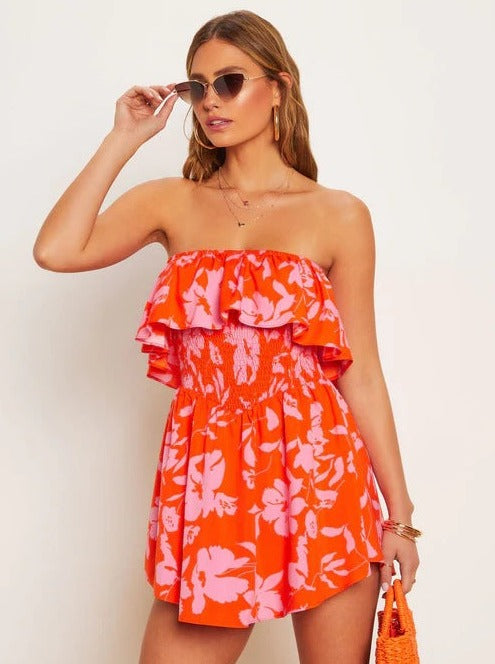 Robe bustier rouge à imprimé tropical 