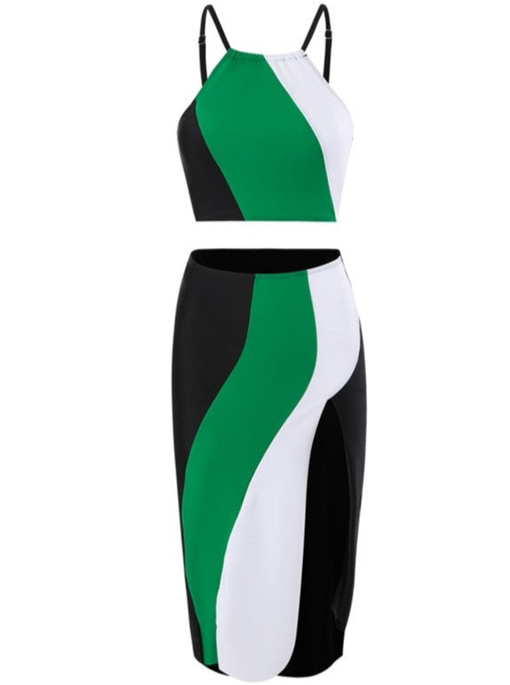 Ensemble de plage 3 pièces monokini rembourré tricolore avec jupe 