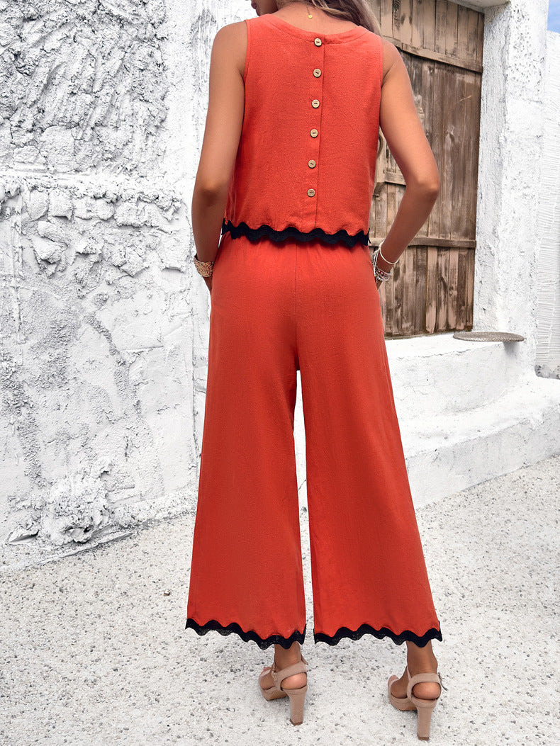 Pantalon décontracté orange à lacets sans manches et jambes larges 