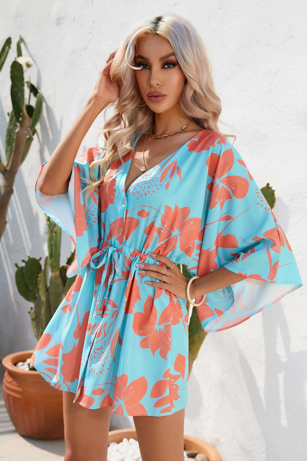 Mini-robe à manches courtes à imprimé tropical bleu 