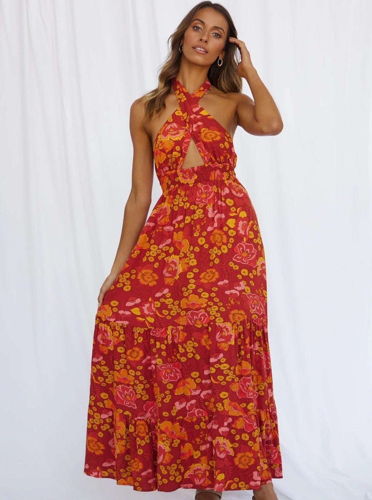 Robe sexy à imprimé floral et col croisé 