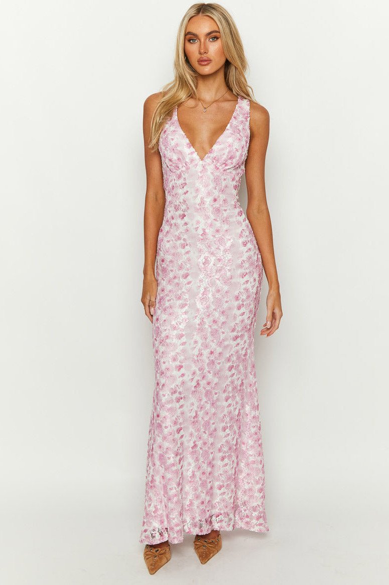 Robe longue rose élégante à col en V sans manches 