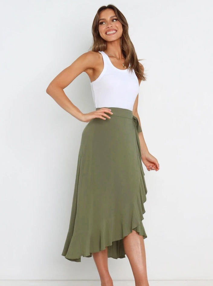 Jupe longue asymétrique sexy vert gazon 