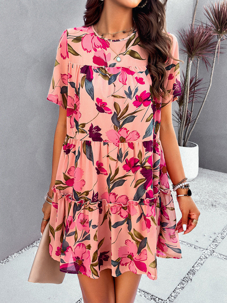 Robe à manches courtes imprimée rose pour les loisirs 