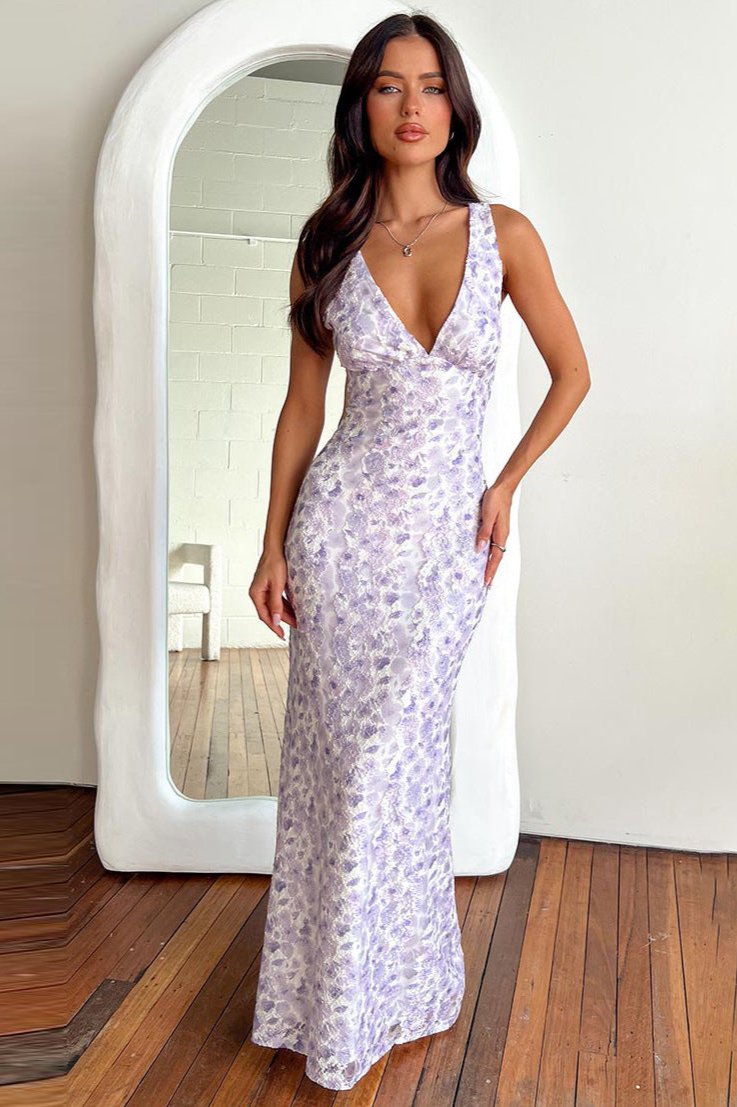 Robe longue violette élégante sans manches à col en V 