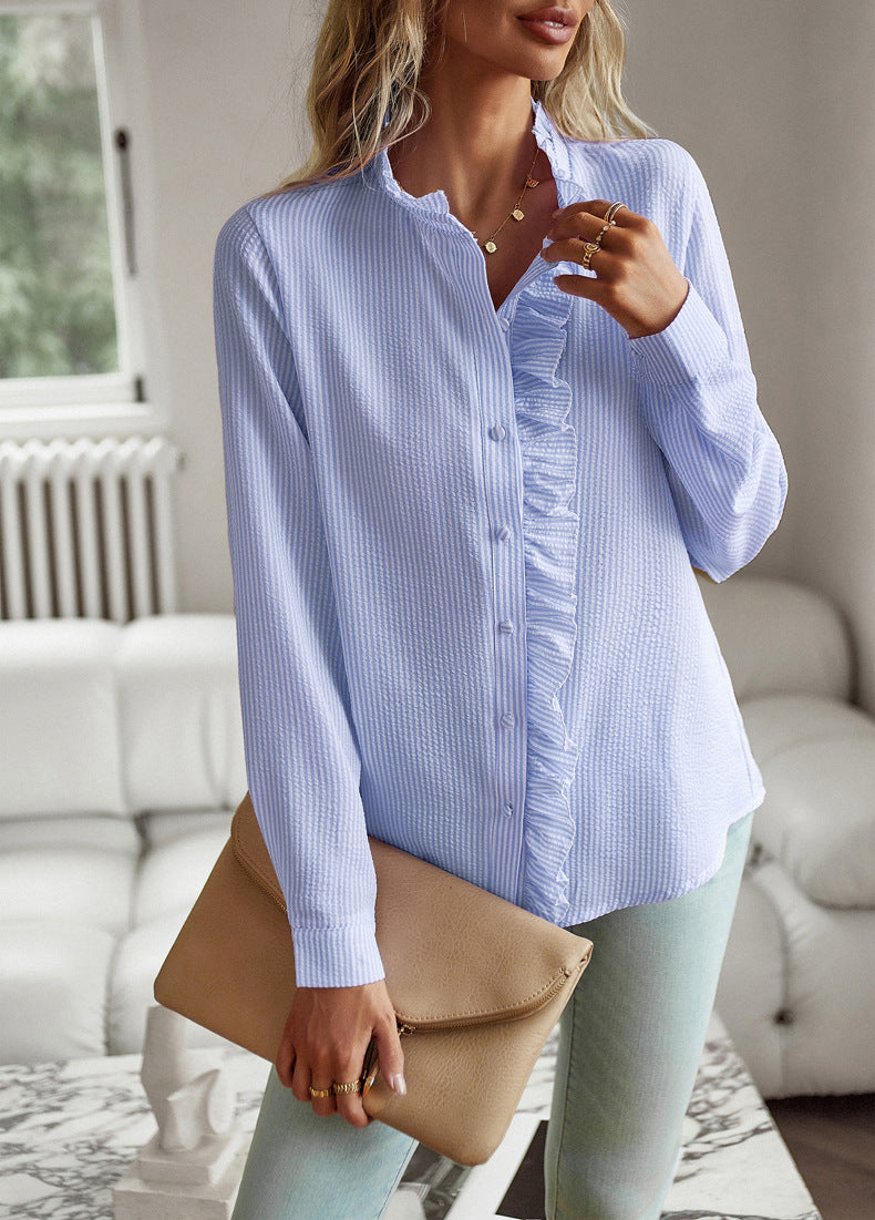 Chemise à manches longues avec col en dentelle bleue 