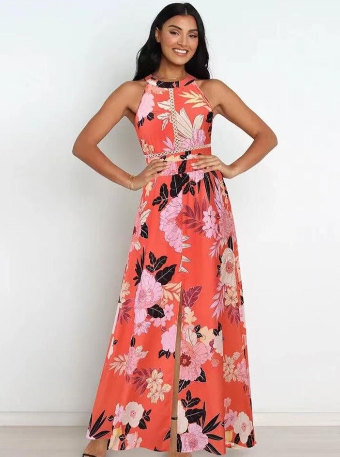 Robe longue à imprimé floral avec col licou et dos nageur 