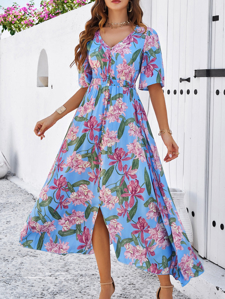 Robe trapèze ample à imprimé floral bleu