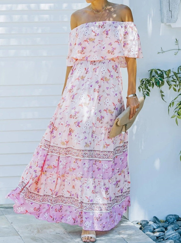 Robe longue à épaules dénudées à imprimé floral rétro rose