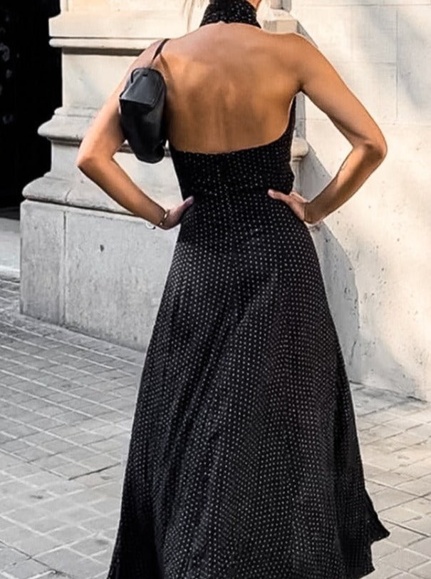 Robe longue noire sexy à col licou et fente 