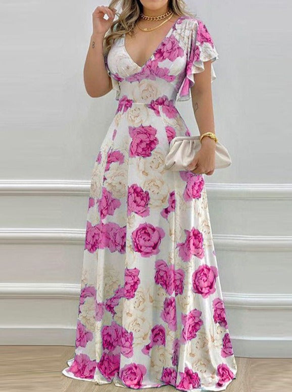 Robe trapèze ample à imprimé floral et col en V 