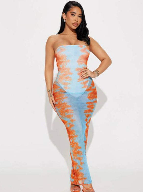 Robe tube en maille transparente bleu et orange tie dye 