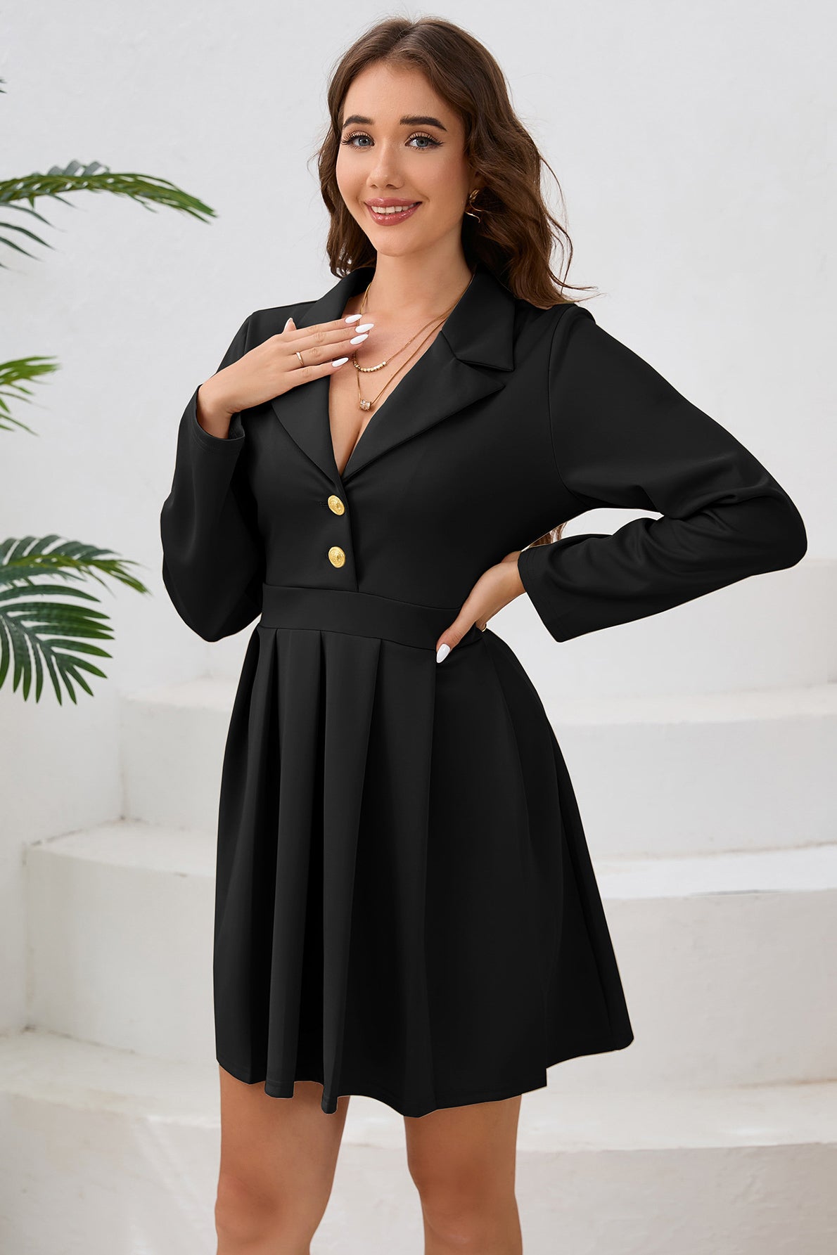 Robe trapèze plissée boutonnée