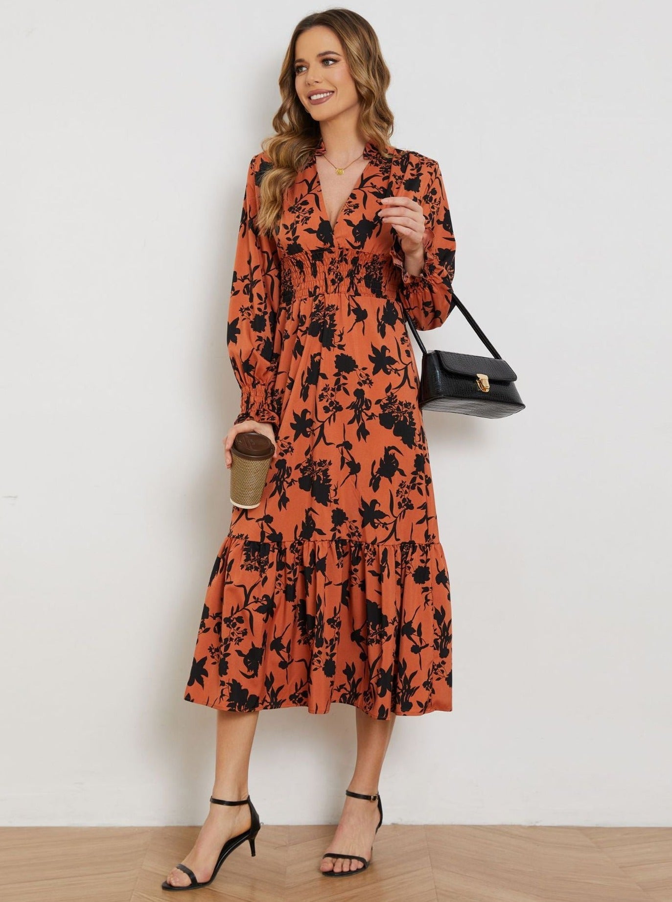 Robe mi-longue à imprimé floral, col en V, taille haute, manches longues 