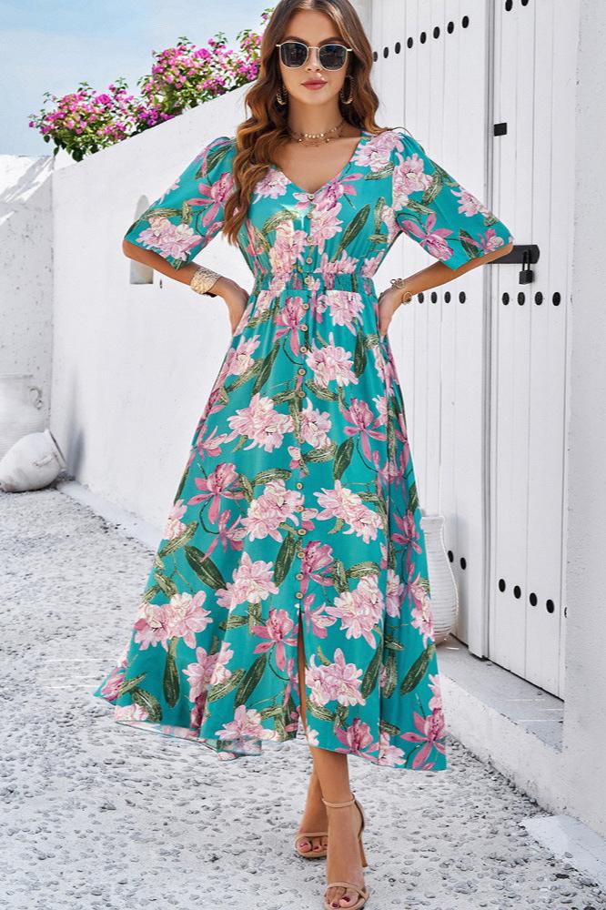 Robe mi-longue d'été chic à fleurs avec col en V et fente latérale 