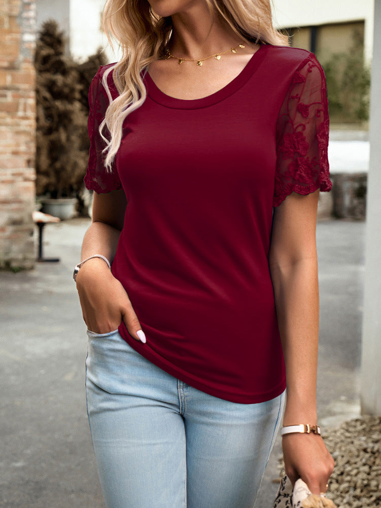 T-shirt à manches en dentelle et col rond couleur vin 